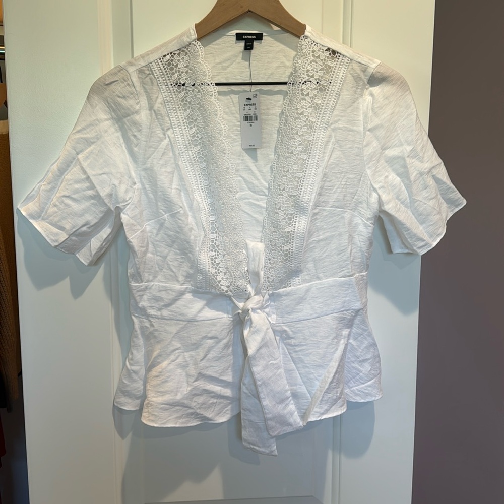 Express White Lace Trim Tie-Front Top